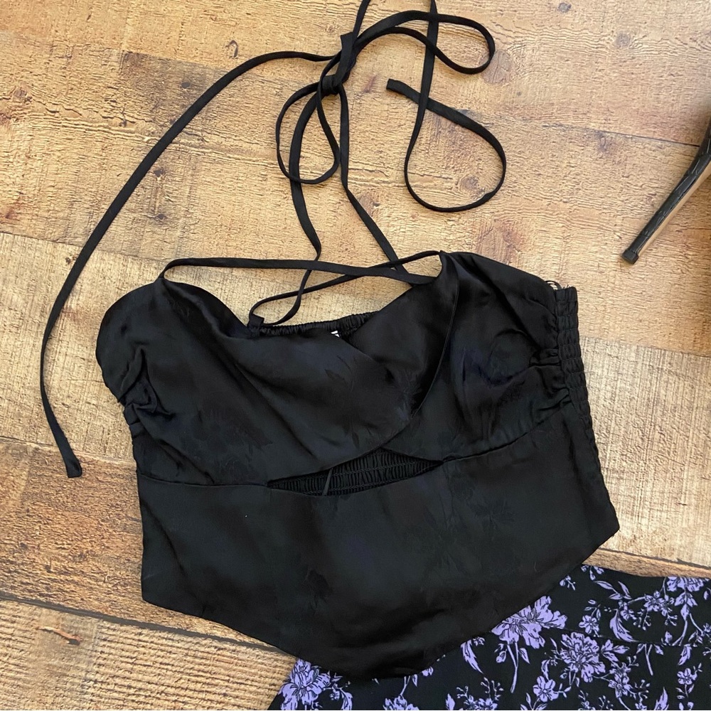 Crop Top Black Satin Front Twist Crop Top, Smocked Back
